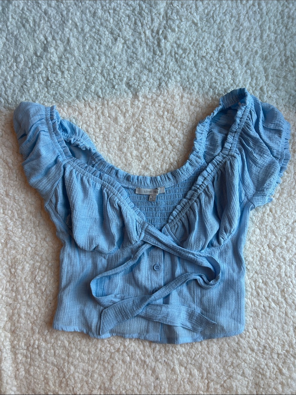 Blue Puff Sleeve Tie-Front Crop Top